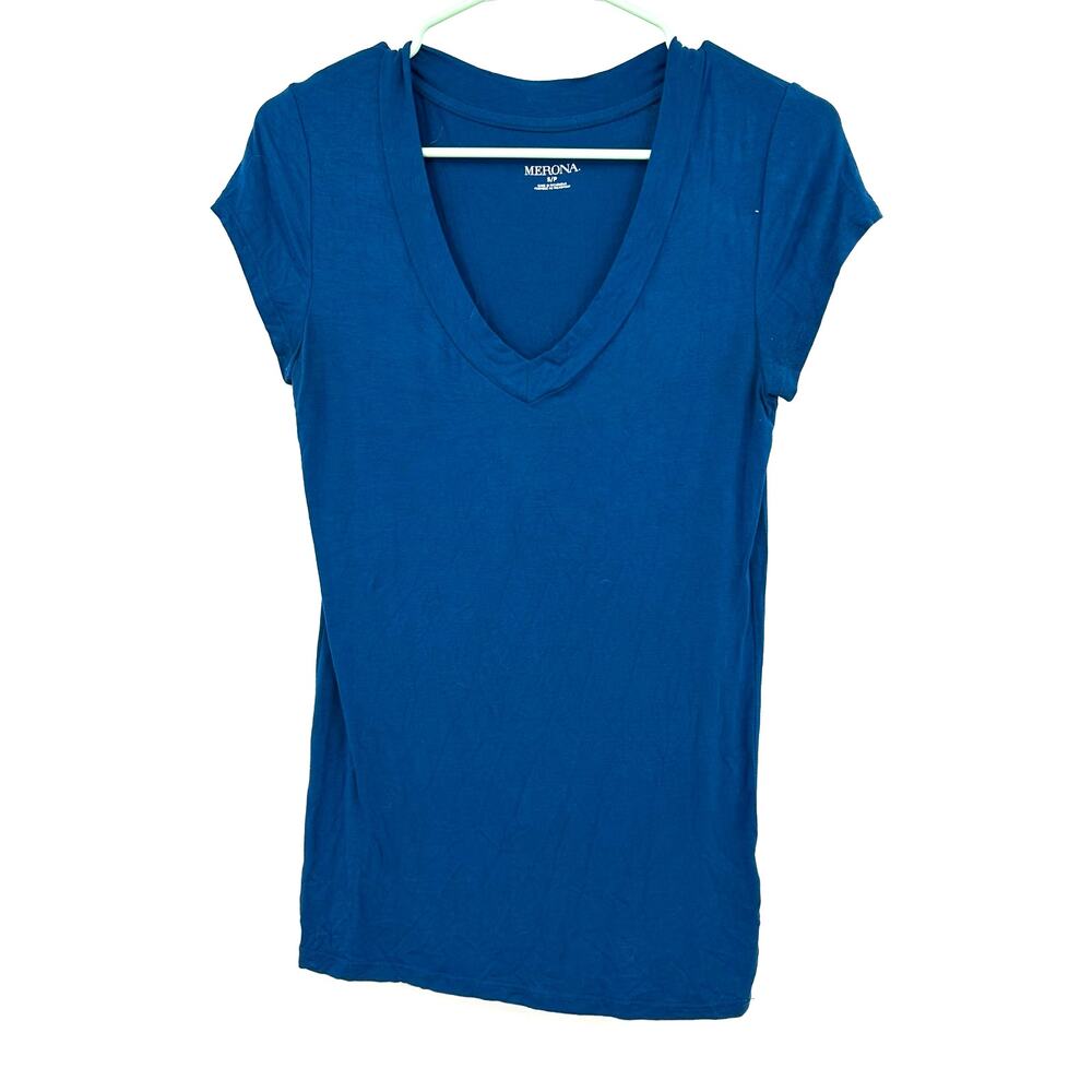 Merona Size Small V Neck Short Sleeve Shirt Top T-Shirt Blue Rayon Comfortable